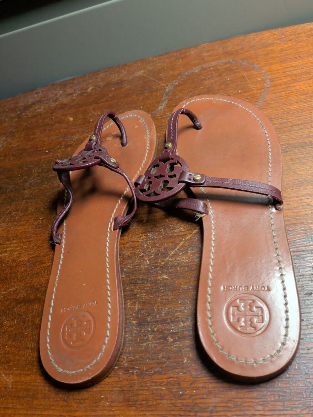 Tory Burch Miller Leather Thong Sandals Burgundy Wine Women's EU 39 US 8